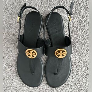 Tory Burch Benton Black Flat Thong Sandal Calf Leather Size 10M